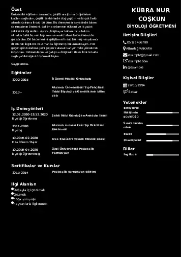 Biyoloji Öğretmeni CV Örnekleri cv indir